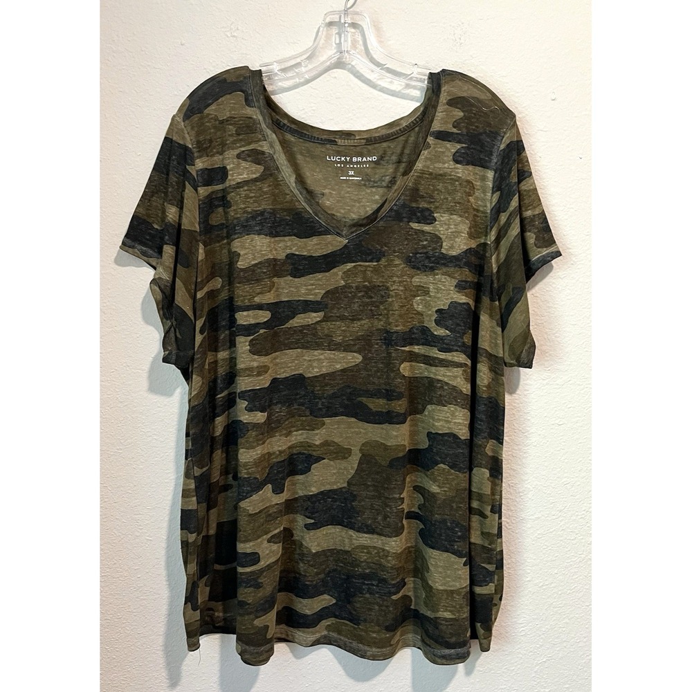 Lucky Brand Women's T-Shirt Size 3XL Camo Green Slub Knit Short Sleeve V-Neck